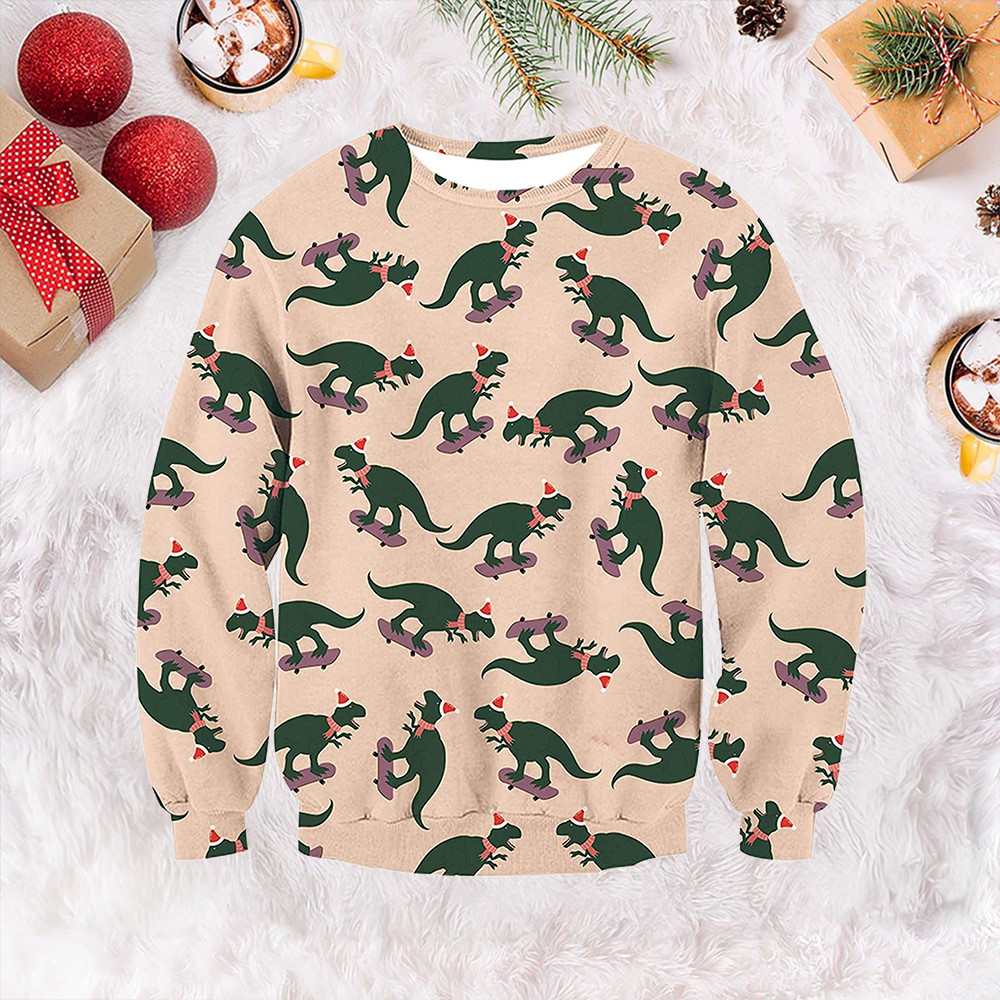 Dinosaur Riding Skateboard Ugly Christmas Sweater Merry Christmas Sweater Gift For Dudes Dinosaur Riding Skateboard Ugly Christmas Sweater Merry Christmas Sweater Gift For Dudes