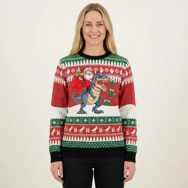 Dinosaur Ugly Christmas Sweater Santa Riding A Dinosaur Sweater 2024