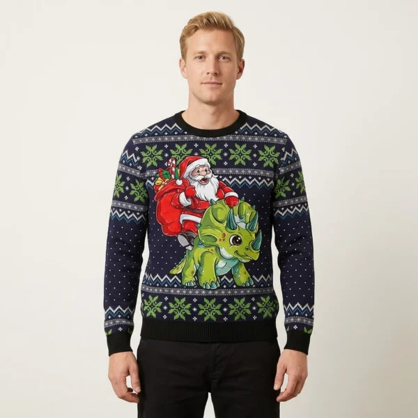 Dinosaur Ugly Christmas Sweater Santa Riding T-Rex Sweater Funny Christmas Clothing