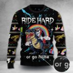 Dinosaur Ugly Christmas Sweater Unicorn Riding Dinosaur Sweater Ride Hard Or Go Home Clothing