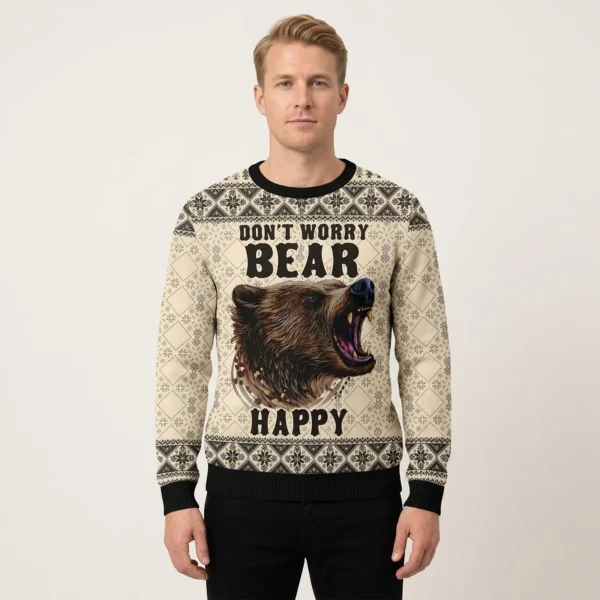 Don’t Worry Bear Happy Funny Ugly Xmas Sweaters Cool Xmas Clothing Christmas Bear Gifts AI Model Photo