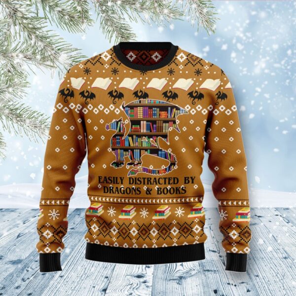 Dragon And Book Ugly Christmas Sweater Festive Clothing Christmas Gift ForBookish