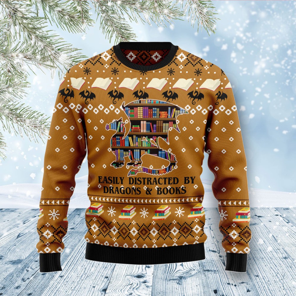 Dragon And Book Ugly Christmas Sweater Festive Clothing Christmas Gift ForBookish Dragon And Book Ugly Christmas Sweater Festive Clothing Christmas Gift ForBookish