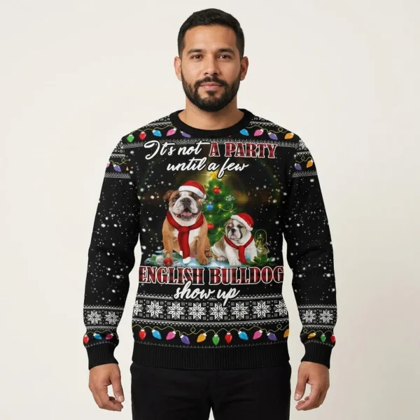 English Bulldog Show Up Ugly Xmas Sweaters Cool Xmas Apparel English Bulldog Christmas Gifts AI Model Photo