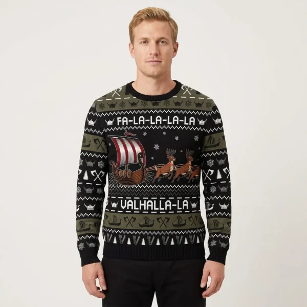 Falala Valhalla Viking Ship Ugly Christmas Sweater Merry Xmas Clothes Gift ForFlamingo Lovers AI Model Photo