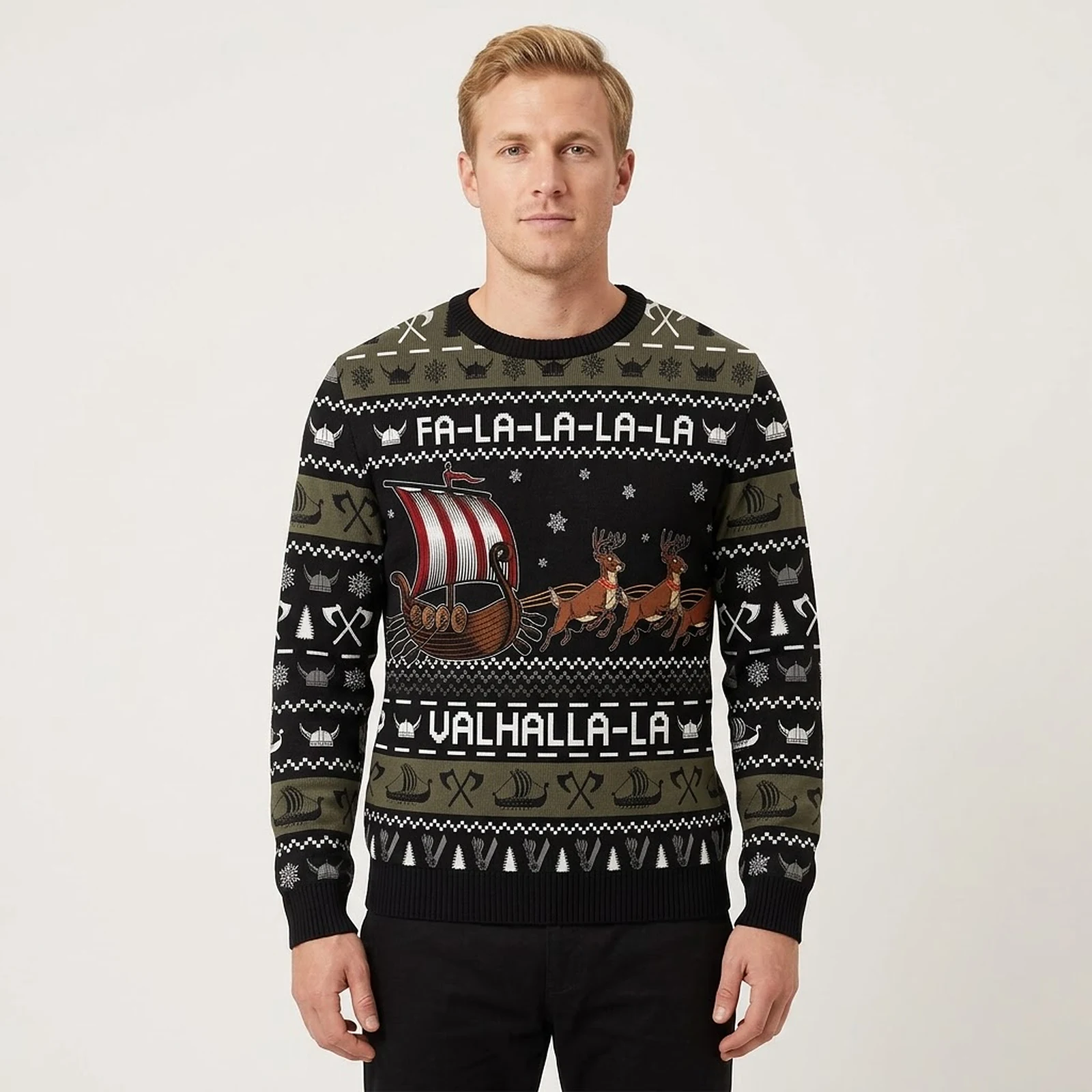 Falala Valhalla Viking Ship Ugly Christmas Sweater Merry Xmas Clothes Gift ForFlamingo Lovers AI Model Photo Falala Valhalla Viking Ship Ugly Christmas Sweater Merry Xmas Clothes Gift ForFlamingo Lovers AI Model Photo