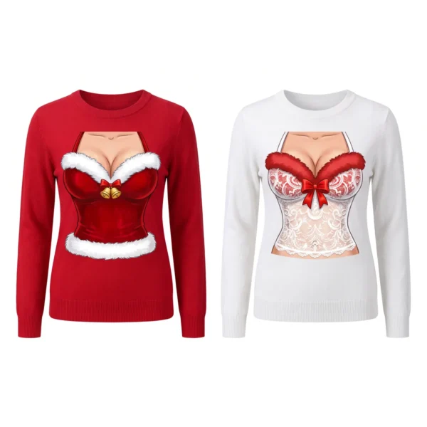 Festive & Flirty Busty Santa Girls Matching Christmas Sweaters front and back