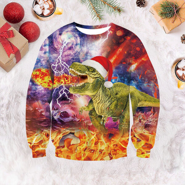 Fire Dinosaur Ugly Christmas Sweater Funny Xmas Jumpers Gift ForDinosaur Lovers