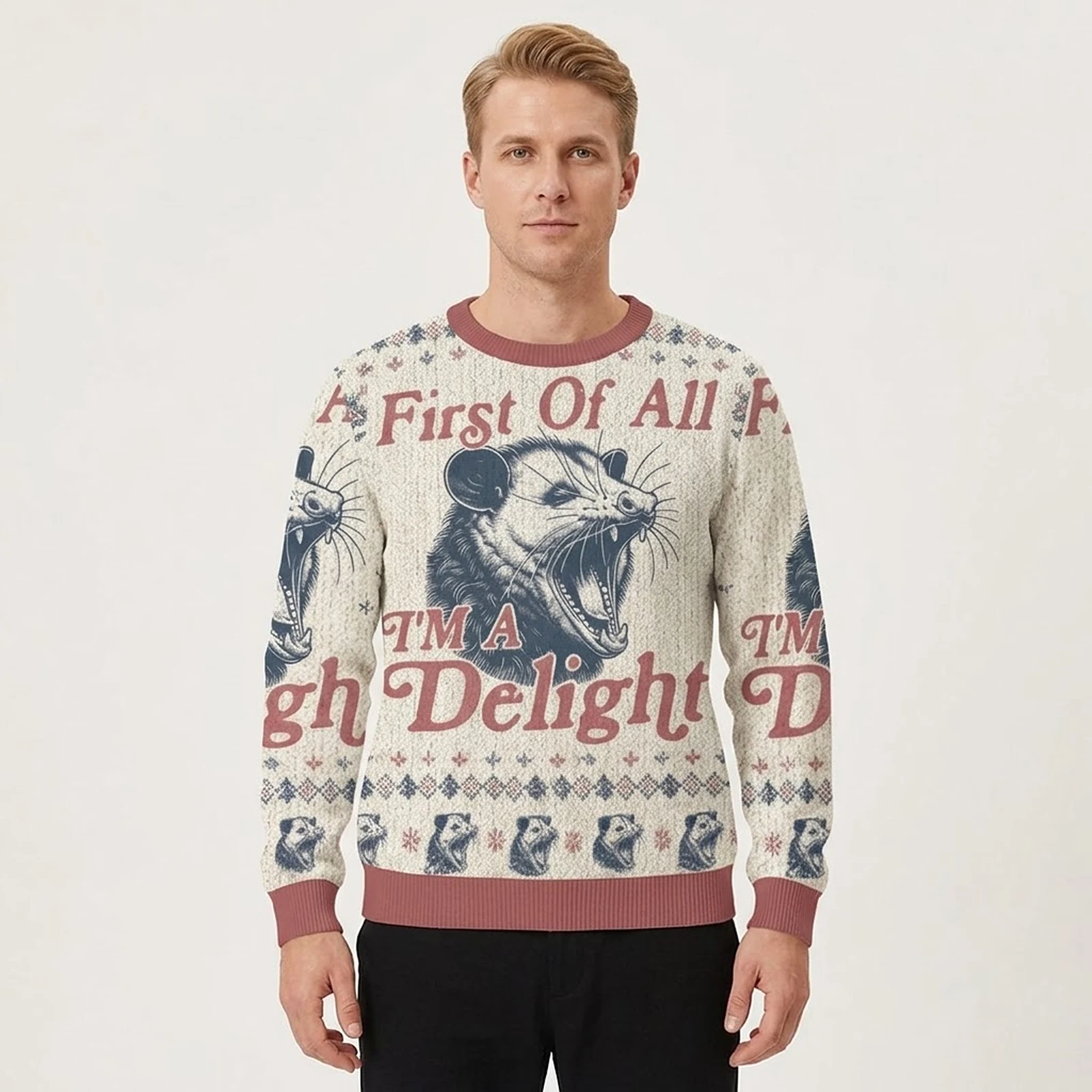 First Of All I’m A Delight Possum Christmas Ugly Sweater Holiday Apparel Xmas Gift For Him AI Model Photo First Of All I’m A Delight Possum Christmas Ugly Sweater Holiday Apparel Xmas Gift For Him AI Model Photo