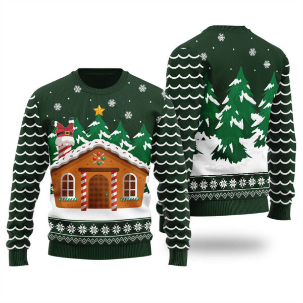 Forest Green Gingerbread House Men Ugly Xmas Sweater Cute Christmas Sweatshirt for Holiday Spirit