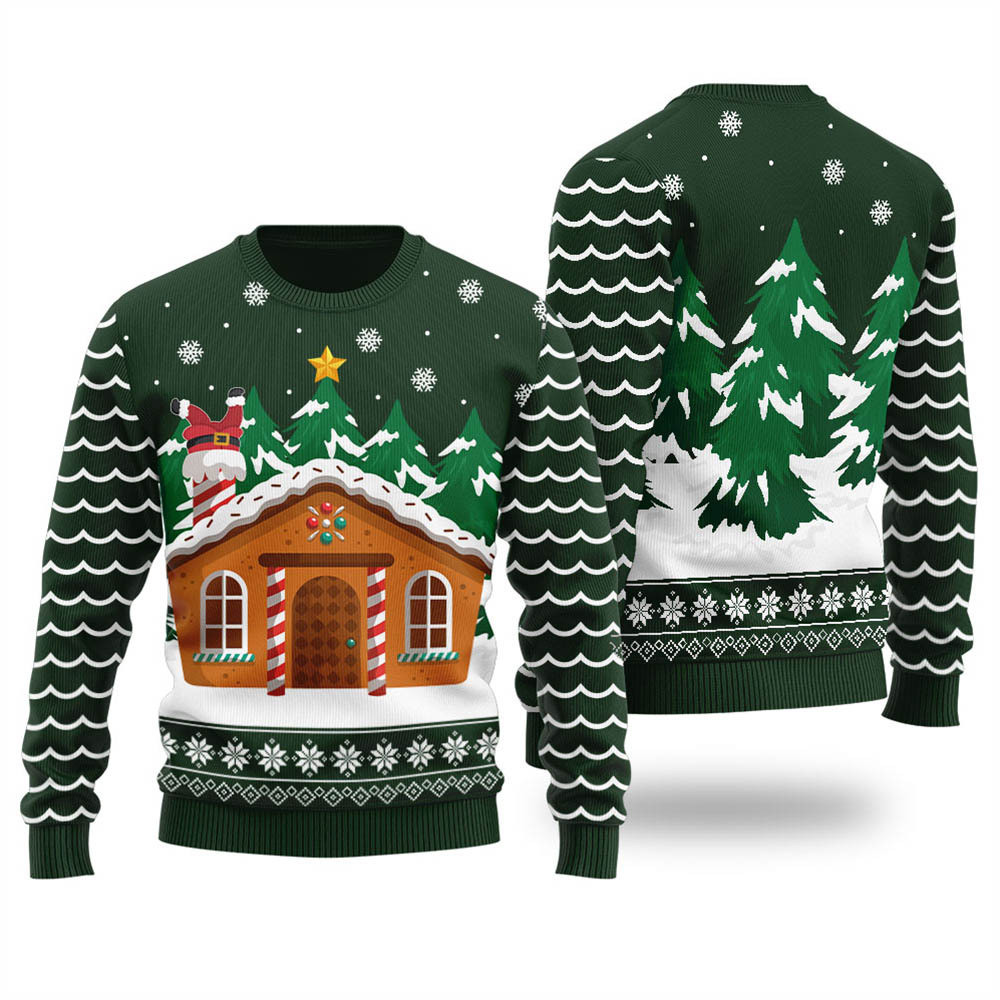 Forest Green Gingerbread House Men Ugly Xmas Sweater Cute Christmas Sweatshirt for Holiday Spirit Forest Green Gingerbread House Men Ugly Xmas Sweater Cute Christmas Sweatshirt for Holiday Spirit