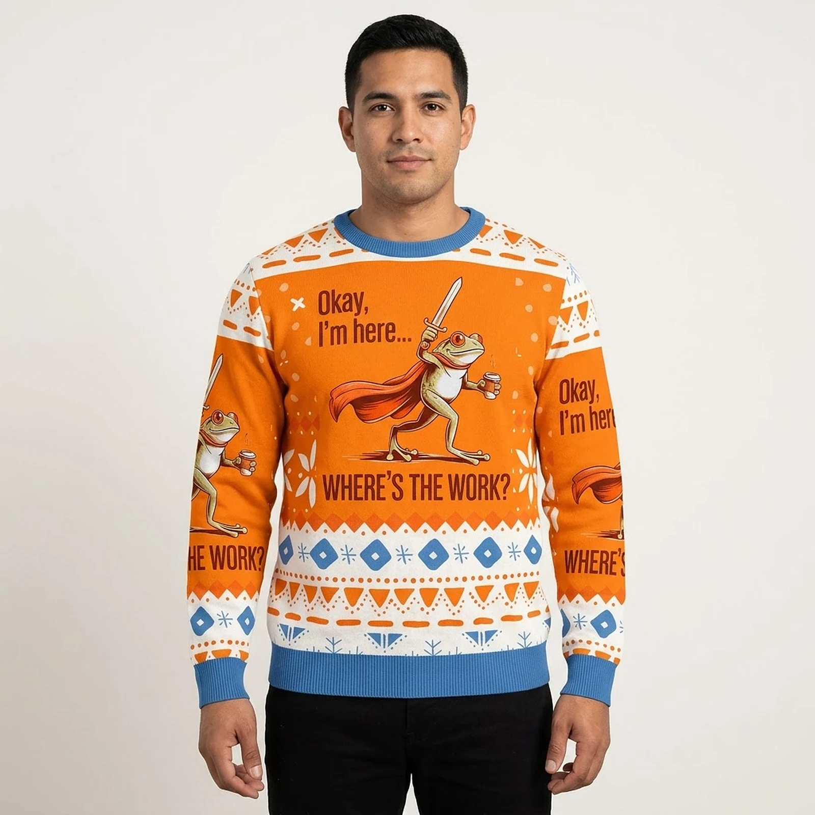 Frog Knight Where’s The Work Christmas Ugly Sweater Winter Apparel Christmas Gift For Him AI Model Photo Frog Knight Where’s The Work Christmas Ugly Sweater Winter Apparel Christmas Gift For Him AI Model Photo