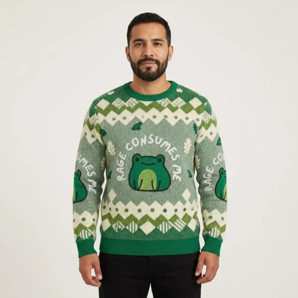 Frog Rage Consumes Me Ugly Sweater Christmas Outfits Frog Lover Xmas Gifts AI Model Photo