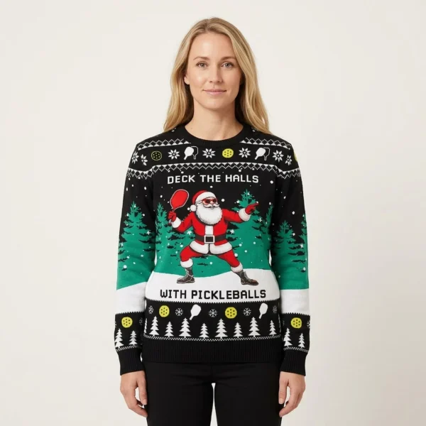 Funny Deck The Hall Pickleball Santa Ugly Christmas Sweater Trendy Winter Sweatshirt for Cozy Moments