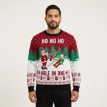 Funny Hole In One Santa Golf Christmas Sweater Cardinal Red Stylish Winter Sweatshirt for Everyday Wear