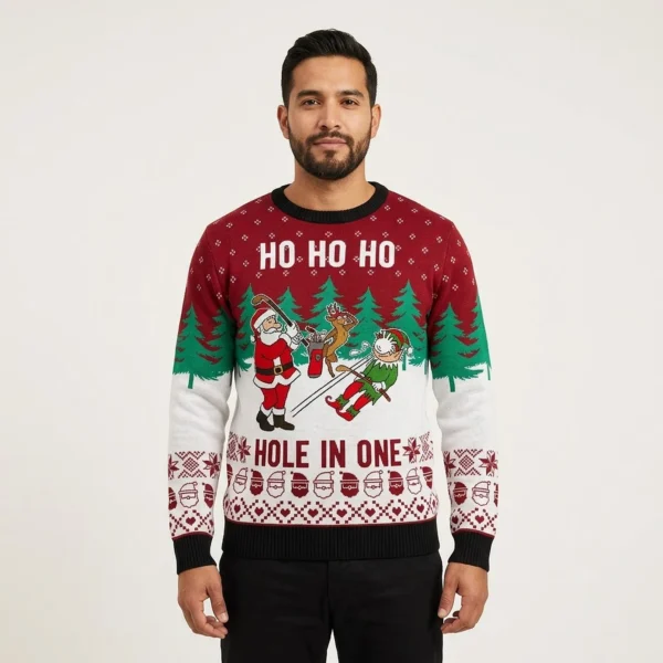 Funny Hole In One Santa Golf Christmas Sweater Cardinal Red Stylish Winter Sweatshirt for Everyday Wear