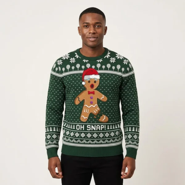 Funny Oh Snap Gingerbread Ugly Christmas Sweater Forest Green Unique Holiday Sweater Gift Idea for Loved Ones