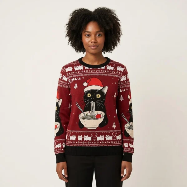 Funny Taking A Cat To Eat Ramen Christmas Ugly Sweater Winter Clothing Xmas Cat Lover Gifts AI Model Photo