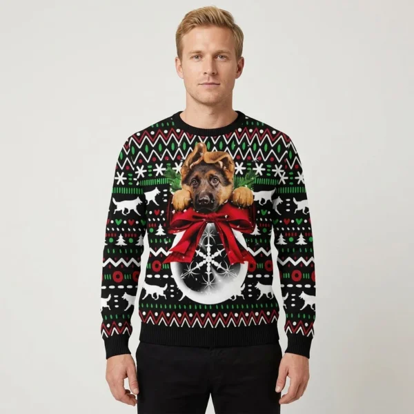 German Shepherd Xmas Ball Ugly Christmas Sweater Funny Xmas Apparel German Shepherd Dad Gifts AI Model Photo