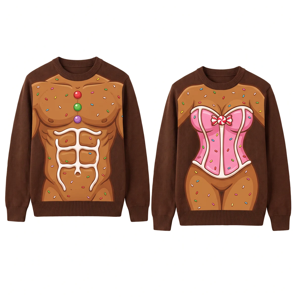 Gingerbread Couple Body Illusion Funny Christmas Sweaters front and back Gingerbread Couple Body Illusion Funny Christmas Sweaters front and back