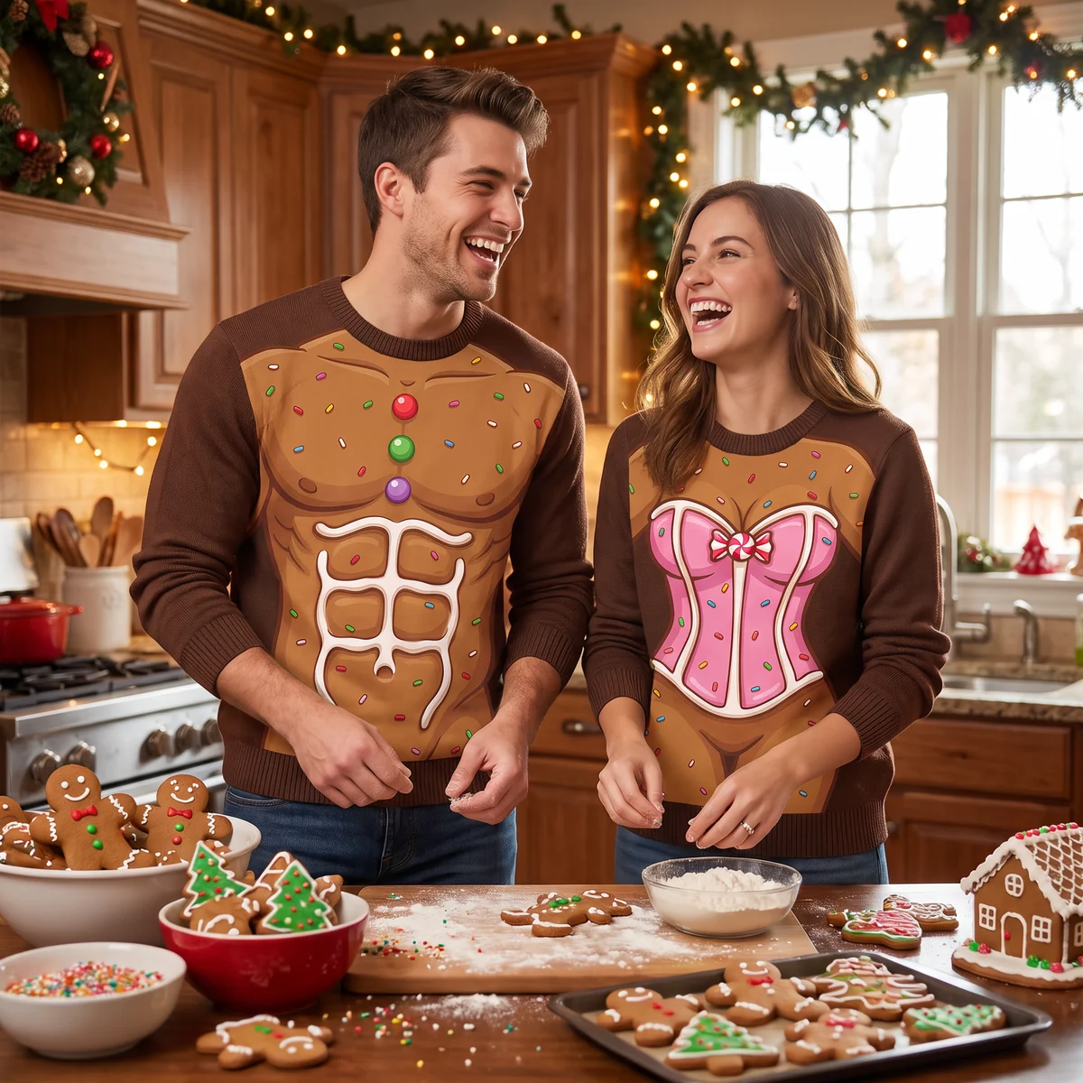 Gingerbread Couple Body Illusion Funny Christmas Sweaters worn at a Christmas party Gingerbread Couple Body Illusion Funny Christmas Sweaters worn at a Christmas party