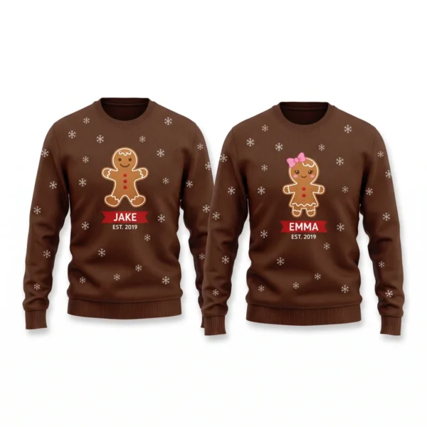 Gingerbread Couple Christmas Sweaters With Names & Est. Year front and back
