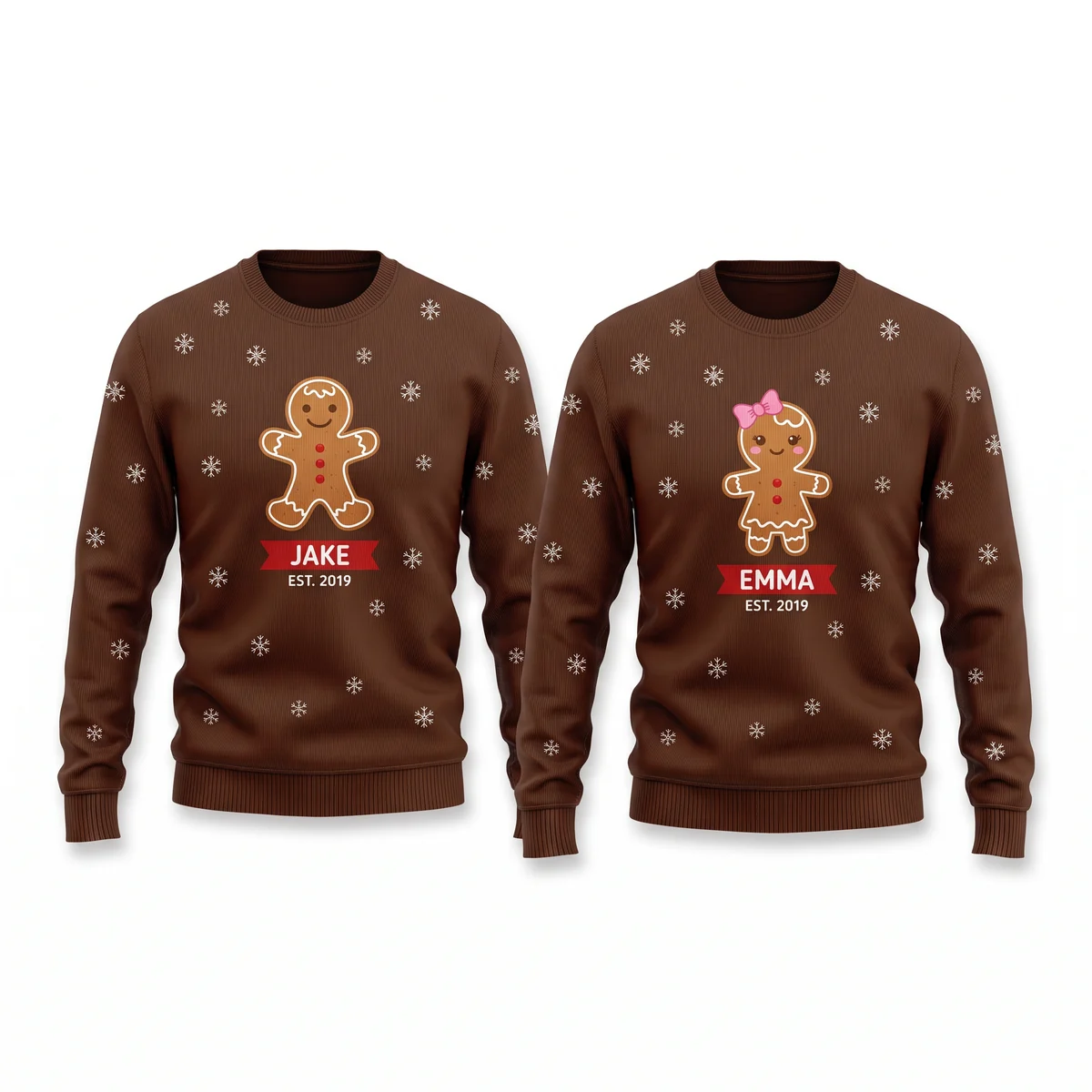 Gingerbread Couple Christmas Sweaters With Names & Est. Year front and back Gingerbread Couple Christmas Sweaters With Names & Est. Year front and back