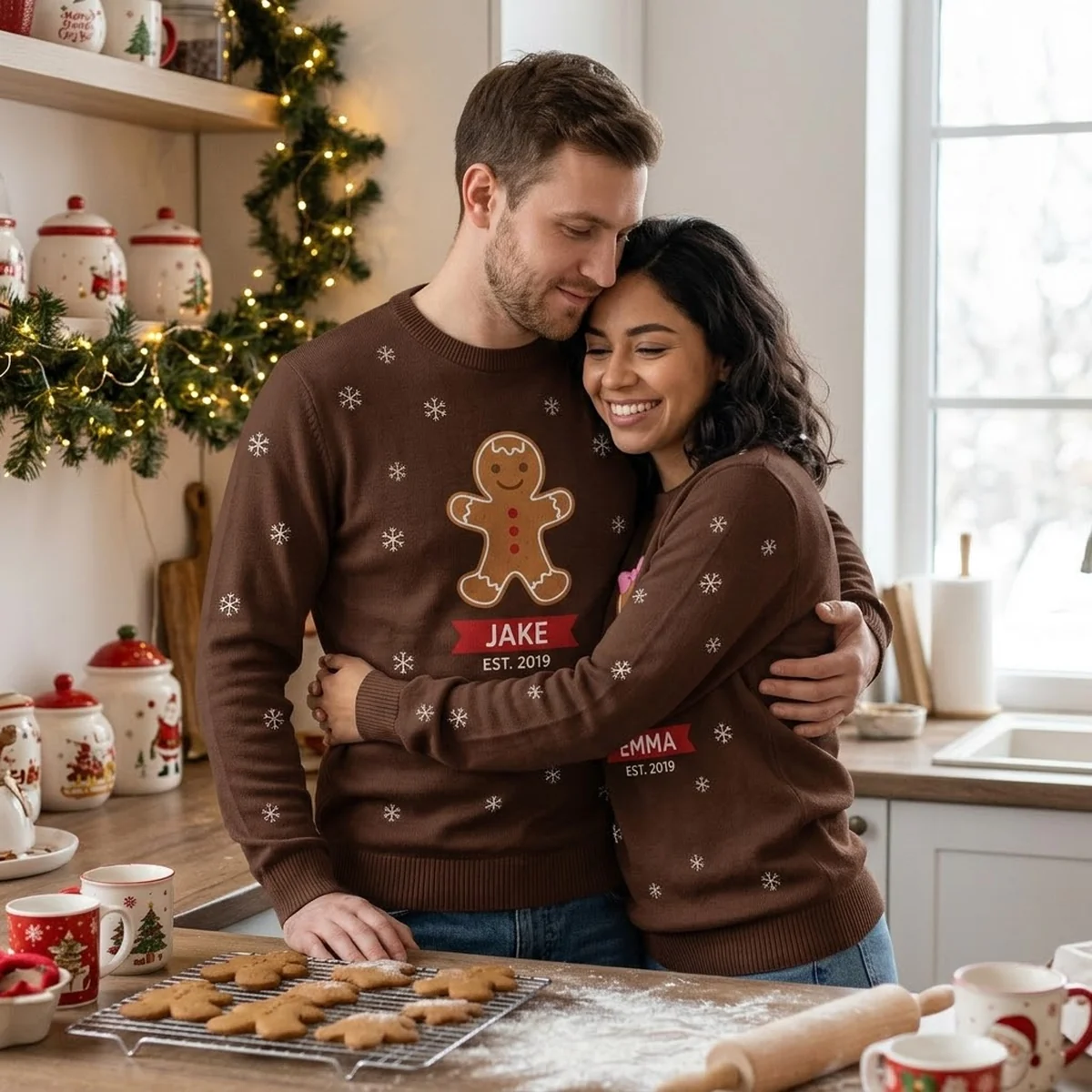 Gingerbread Couple Christmas Sweaters With Names & Est. Year worn at Christmas Gingerbread Couple Christmas Sweaters With Names & Est. Year worn at Christmas