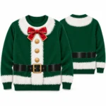 Green Santa Suit Body Illusion Ugly Christmas Sweater for Women worn at Christmas