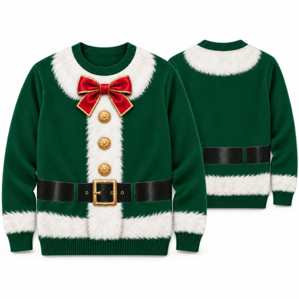 Green Santa Suit Body Illusion Ugly Christmas Sweater for Women front and back