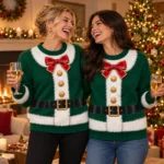 Green Santa Suit Body Illusion Ugly Christmas Sweater for Women worn at Christmas