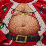 Hairy Beer Belly Santa Body Illusion Ugly Christmas Sweater for Men worn at Christmas