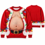 Hairy Beer Belly Santa Body Illusion Ugly Christmas Sweater for Men worn at Christmas