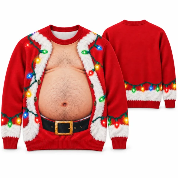 Hairy Beer Belly Santa Body Illusion Ugly Christmas Sweater for Men front and back