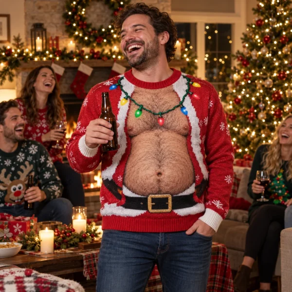 Hairy Beer Belly Santa Body Illusion Ugly Christmas Sweater for Men worn at Christmas