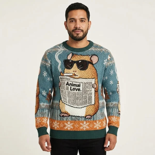 Hamster Reading Newspaper Christmas Ugly Sweater Festive Wear Xmas Gift ForHamster Lover AI Model Photo