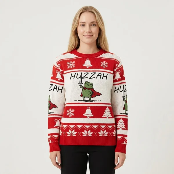 Huzzah Christmas Ugly Sweater Holiday Apparel Christmas Gift ForFrog Owners AI Model Photo