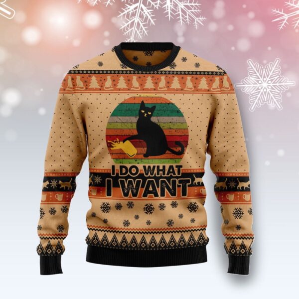 I Do What A Want Black Cat Ugly Christmas Sweater Xmas Apparel Cat Themed Gifts