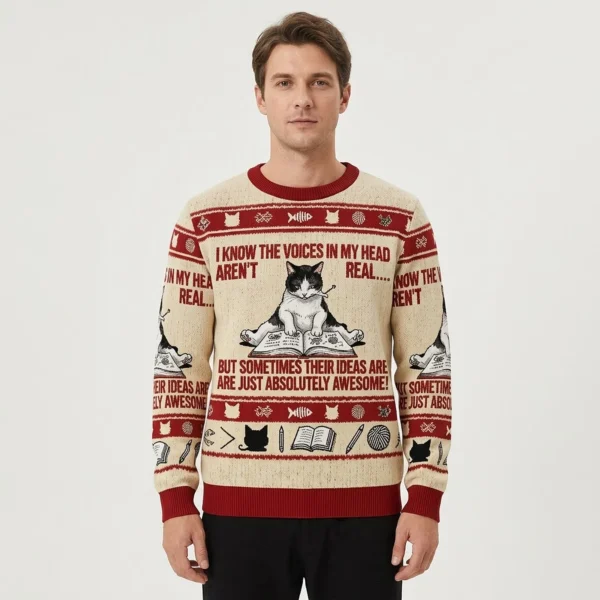 I Know The Voices In My Head Aren’t Real Cat Ugly Sweater Holiday Clothing Bookish Gifts AI Model Photo