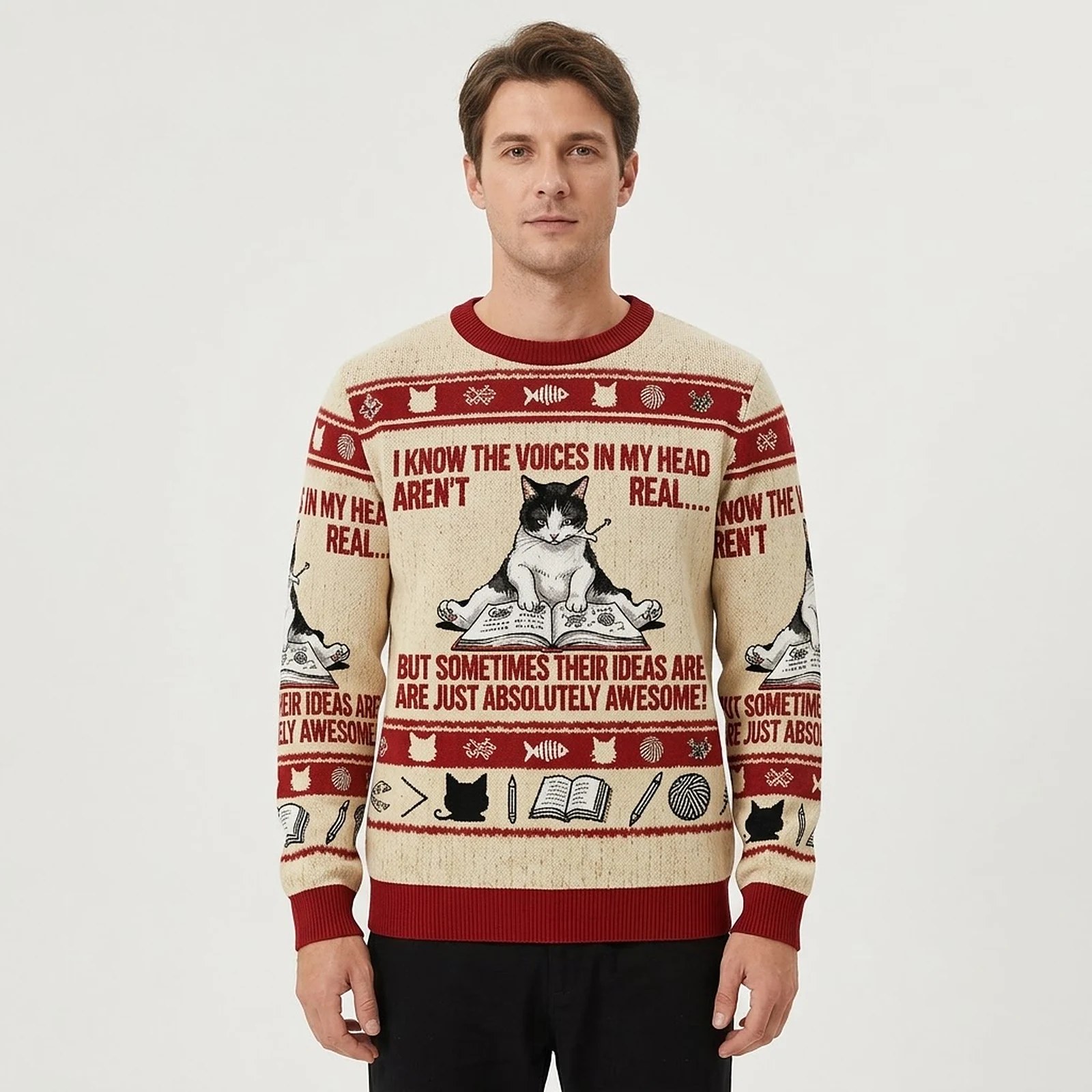 I Know The Voices In My Head Aren’t Real Cat Ugly Sweater Holiday Clothing Bookish Gifts AI Model Photo I Know The Voices In My Head Aren’t Real Cat Ugly Sweater Holiday Clothing Bookish Gifts AI Model Photo