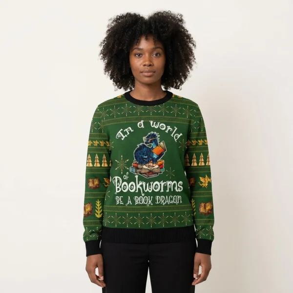 In A World Of Bookworms Be A Book Dragon Ugly Chistmas Holiday Apparel Bookish Christmas Gifts