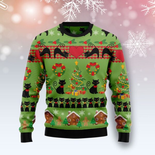 Love Black Cat Ugly Christmas Sweater Holiday Clothing Funny Xmas Jumper