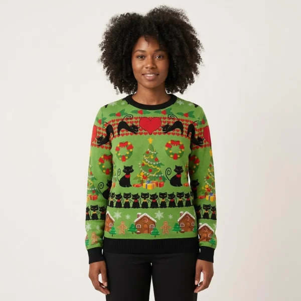 Love Black Cat Ugly Christmas Sweater Holiday Clothing Funny Xmas Jumper
