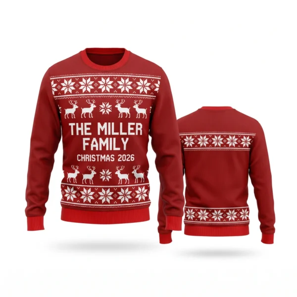 Matching Family Christmas Sweaters With Family Name – Christmas 2026 front and back