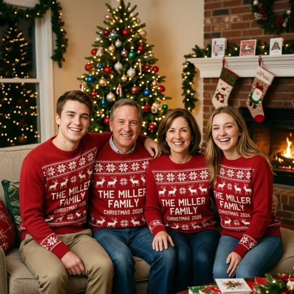 Matching Family Christmas Sweaters With Family Name – Christmas 2026 worn at Christmas