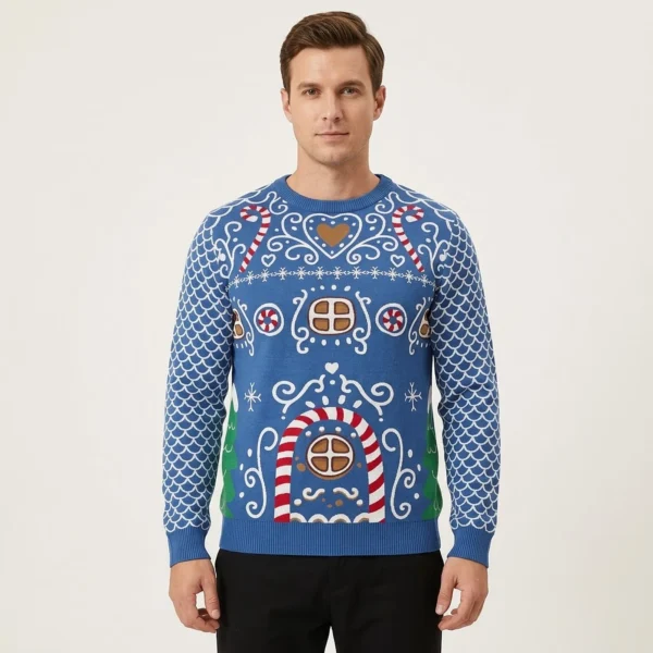 Mens Gingerbread House Plus Size Ugly Sweater Warm Winter Sweater to Brighten Your Holidays