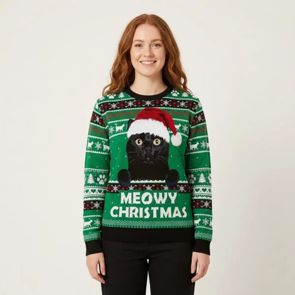 Meowy Christmas Black Cat Ugly Xmas Sweaters Cute Xmas Clothing Cat Lover Funny Gifts
