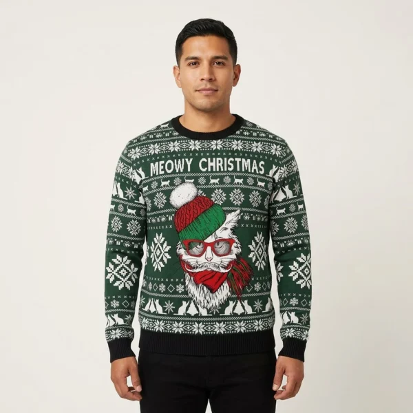 Meowy Christmas Ugly Xmas Sweaters Funny Xmas Apparel Christmas Presents For Cat Lovers