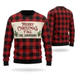 Merry Christmas Y’all Buffalo Plaid Family Sweater With Name worn at Christmas