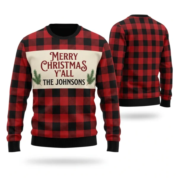 Merry Christmas Y’all Buffalo Plaid Family Sweater With Name front and back